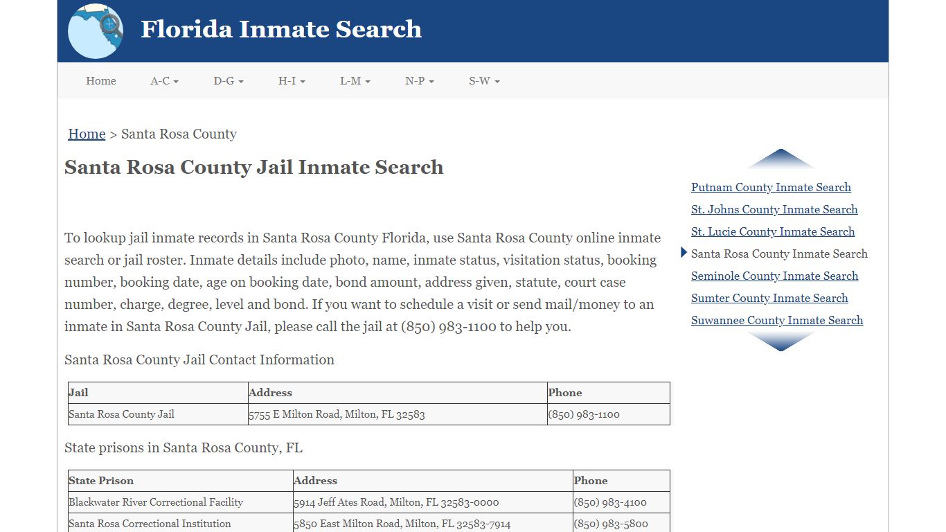 Santa Rosa County FL Jail Inmate Search